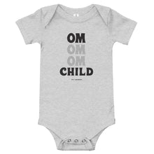 Load image into Gallery viewer, OM Child Baby Short Sleeve Onesie (Color Athletic Heather) - This super soft OM Child short sleeve one-piece for your tiny warrior features 100% combed and ring-spun cotton, and our classic "OM OM OM CHILD" front graphic printed with eco-friendly inks. The onesie design has has a three snap leg closure for easy changing at the bottom and a envelope neckline for ultimate comfort.