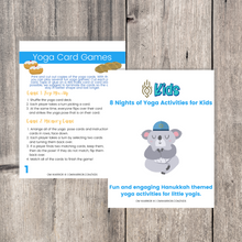 Load image into Gallery viewer, Whether you are a parent practicing yoga with your child, an educator, or a kids yoga teacher, this is a wonderful resource for children to build their own yoga and mindfulness practice. Use these cards as warm-up activities, brain breaks, a transition between activities, or simply as a fun and engaging Hanukkah-themed yoga and mindfulness activities.