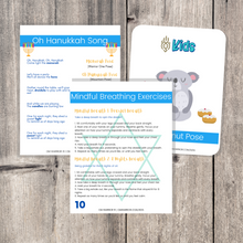 Load image into Gallery viewer, Whether you are a parent practicing yoga with your child, an educator, or a kids yoga teacher, this is a wonderful resource for children to build their own yoga and mindfulness practice. Use these cards as warm-up activities, brain breaks, a transition between activities, or simply as a fun and engaging Hanukkah-themed yoga and mindfulness activities.