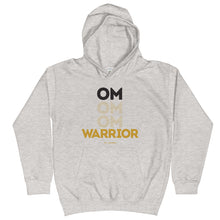 Load image into Gallery viewer, OM Warrior Kids Hoodie (Color Heather Grey) - Proud to be an OM Warrior. Your littles will be cozy and stay balanced in our OM Warrior Kids Hoodie. This will be your young warrior's new favorite hoodie, featuring a front "OM OM OM WARRIOR" graphic printed with eco-friendly inks, premium stitch details, lined hoodie, a kangaroo pocket and rib cuffs and hem band. Plus, to ensure kids' safety, the hoodie comes with no drawcords.