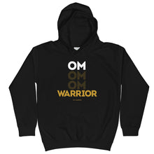 Load image into Gallery viewer, OM Warrior Kids Hoodie (Color Black) - Proud to be an OM Warrior. Your littles will be cozy and stay balanced in our OM Warrior Kids Hoodie. This will be your young warrior&#39;s new favorite hoodie, featuring a front &quot;OM OM OM WARRIOR&quot; graphic printed with eco-friendly inks, premium stitch details, lined hoodie, a kangaroo pocket and rib cuffs and hem band. Plus, to ensure kids&#39; safety, the hoodie comes with no drawcords.
