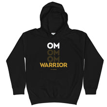 Load image into Gallery viewer, OM Warrior Kids Hoodie (Color Black) - Proud to be an OM Warrior. Your littles will be cozy and stay balanced in our OM Warrior Kids Hoodie. This will be your young warrior's new favorite hoodie, featuring a front "OM OM OM WARRIOR" graphic printed with eco-friendly inks, premium stitch details, lined hoodie, a kangaroo pocket and rib cuffs and hem band. Plus, to ensure kids' safety, the hoodie comes with no drawcords.