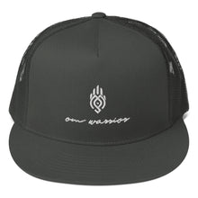 Load image into Gallery viewer, OM Warrior Snapback Hat (Color Charcoal Grey) - A classic staple. This mesh back snapback hat features a casual and comfortable fit with our OM Warrior logo design and adjustable strap for an every-season essential.
