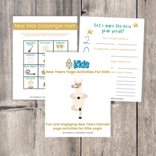 Load image into Gallery viewer, Whether you are a parent practicing yoga with your child, an educator, or a kids yoga teacher, this is a wonderful resource for children to build their own yoga and mindfulness practice. Use these cards as warm-up activities, brain breaks, a transition between activities, or simply as a fun and engaging New Years themed yoga and mindfulness activities.