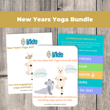 Load image into Gallery viewer, Whether you are a parent practicing yoga with your child, an educator, or a kids yoga teacher, this is a wonderful resource for children to build their own yoga and mindfulness practice. Use these cards as warm-up activities, brain breaks, a transition between activities, or simply as a fun and engaging New Years themed yoga and mindfulness activities.