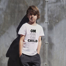 Load image into Gallery viewer, This tee is for the little yogi warriors in your life. This kids short sleeve t-shirt features ultra-soft 100% combed and ring-spun cotton, our classic &quot;OM OM OM CHILD&quot; front graphic printed with eco-friendly inks, and a relaxed unisex fit.
