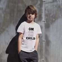 Load image into Gallery viewer, This tee is for the little yogi warriors in your life. This kids short sleeve t-shirt features ultra-soft 100% combed and ring-spun cotton, our classic "OM OM OM CHILD" front graphic printed with eco-friendly inks, and a relaxed unisex fit.
