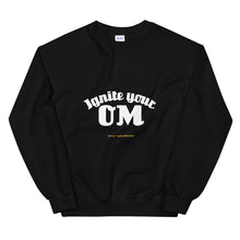 Load image into Gallery viewer, Ignite Your OM Unisex Sweatshirt (Color Black) - Radiate good energy in our Ignite Your OM Classic Crew Sweatshirt, featuring a rib crewneck, raglan sleeves, and &#39;Ignite Your OM&#39; front graphic printed with eco-friendly inks. Relaxed, slightly oversized fit. Made with 50% cotton and 50% polyester for ultimate coziness.
