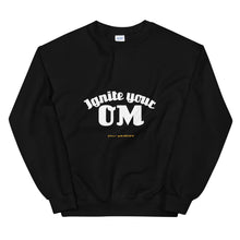 Load image into Gallery viewer, Ignite Your OM Unisex Sweatshirt (Color Black) - Radiate good energy in our Ignite Your OM Classic Crew Sweatshirt, featuring a rib crewneck, raglan sleeves, and 'Ignite Your OM' front graphic printed with eco-friendly inks. Relaxed, slightly oversized fit. Made with 50% cotton and 50% polyester for ultimate coziness.
