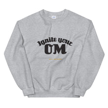 Load image into Gallery viewer, Ignite Your OM Unisex Sweatshirt (Color Heather Sport Grey) - Radiate good energy in our Ignite Your OM Classic Crew Sweatshirt, featuring a rib crewneck, raglan sleeves, and 'Ignite Your OM' front graphic printed with eco-friendly inks. Relaxed, slightly oversized fit. Made with 50% cotton and 50% polyester for ultimate coziness.