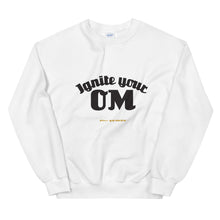 Load image into Gallery viewer, Ignite Your OM Unisex Sweatshirt (Color White) - Radiate good energy in our Ignite Your OM Classic Crew Sweatshirt, featuring a rib crewneck, raglan sleeves, and &#39;Ignite Your OM&#39; front graphic printed with eco-friendly inks. Relaxed, slightly oversized fit. Made with 50% cotton and 50% polyester for ultimate coziness.
