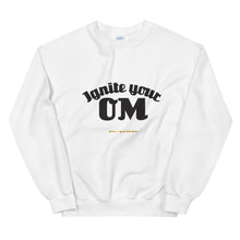 Load image into Gallery viewer, Ignite Your OM Unisex Sweatshirt (Color White) - Radiate good energy in our Ignite Your OM Classic Crew Sweatshirt, featuring a rib crewneck, raglan sleeves, and 'Ignite Your OM' front graphic printed with eco-friendly inks. Relaxed, slightly oversized fit. Made with 50% cotton and 50% polyester for ultimate coziness.