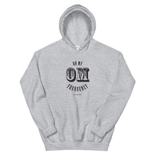 Load image into Gallery viewer, On My OM Frequency Unisex Hoodie (Color Sport Grey) - High vibes on my OM frequency. This super soft, unisex hoodie features our On My OM Frequency graphic on front, printed with eco-friendly inks, premium stitch details, lined hoodie, a kangaroo pocket and rib cuffs and hem band.Perfect with your favorite sweats or denim.
