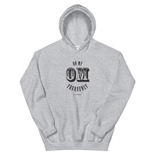 Load image into Gallery viewer, On My OM Frequency Unisex Hoodie (Color Sport Grey) - High vibes on my OM frequency. This super soft, unisex hoodie features our On My OM Frequency graphic on front, printed with eco-friendly inks, premium stitch details, lined hoodie, a kangaroo pocket and rib cuffs and hem band.Perfect with your favorite sweats or denim.
