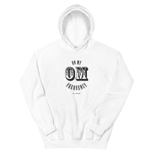 Load image into Gallery viewer, On My OM Frequency Unisex Hoodie (Color White) - High vibes on my OM frequency. This super soft, unisex hoodie features our On My OM Frequency graphic on front, printed with eco-friendly inks, premium stitch details, lined hoodie, a kangaroo pocket and rib cuffs and hem band.Perfect with your favorite sweats or denim.