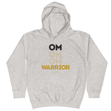 Load image into Gallery viewer, OM Warrior Kids Hoodie (Color Heather Grey) - Proud to be an OM Warrior. Your littles will be cozy and stay balanced in our OM Warrior Kids Hoodie. This will be your young warrior&#39;s new favorite hoodie, featuring a front &quot;OM OM OM WARRIOR&quot; graphic printed with eco-friendly inks, premium stitch details, lined hoodie, a kangaroo pocket and rib cuffs and hem band. Plus, to ensure kids&#39; safety, the hoodie comes with no drawcords.

