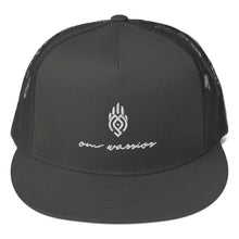 Load image into Gallery viewer, OM Warrior Snapback Hat (Color Charcoal Grey) - A classic staple. This mesh back snapback hat features a casual and comfortable fit with our OM Warrior logo design and adjustable strap for an every-season essential.
