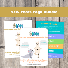 Load image into Gallery viewer, Whether you are a parent practicing yoga with your child, an educator, or a kids yoga teacher, this is a wonderful resource for children to build their own yoga and mindfulness practice. Use these cards as warm-up activities, brain breaks, a transition between activities, or simply as a fun and engaging New Years themed yoga and mindfulness activities.
