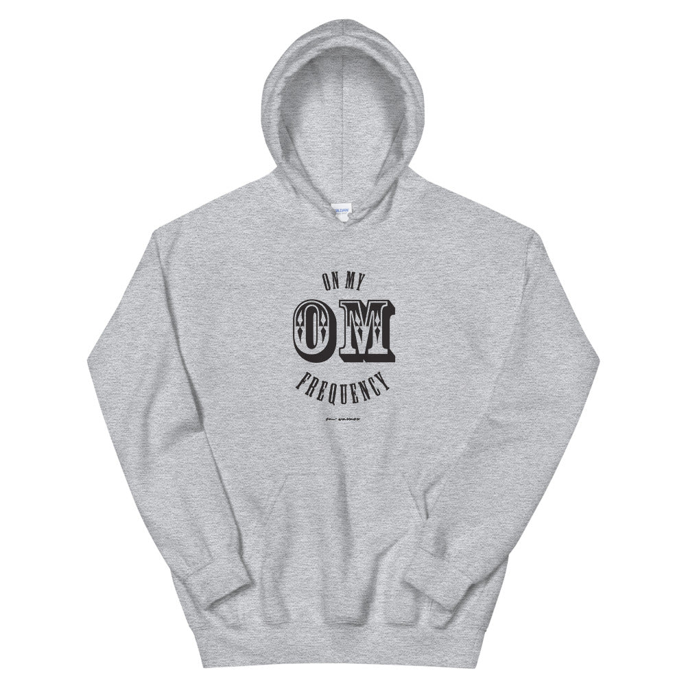 On My OM Frequency Unisex Hoodie (Color Sport Grey) - High vibes on my OM frequency. This super soft, unisex hoodie features our On My OM Frequency graphic on front, printed with eco-friendly inks, premium stitch details, lined hoodie, a kangaroo pocket and rib cuffs and hem band.Perfect with your favorite sweats or denim.